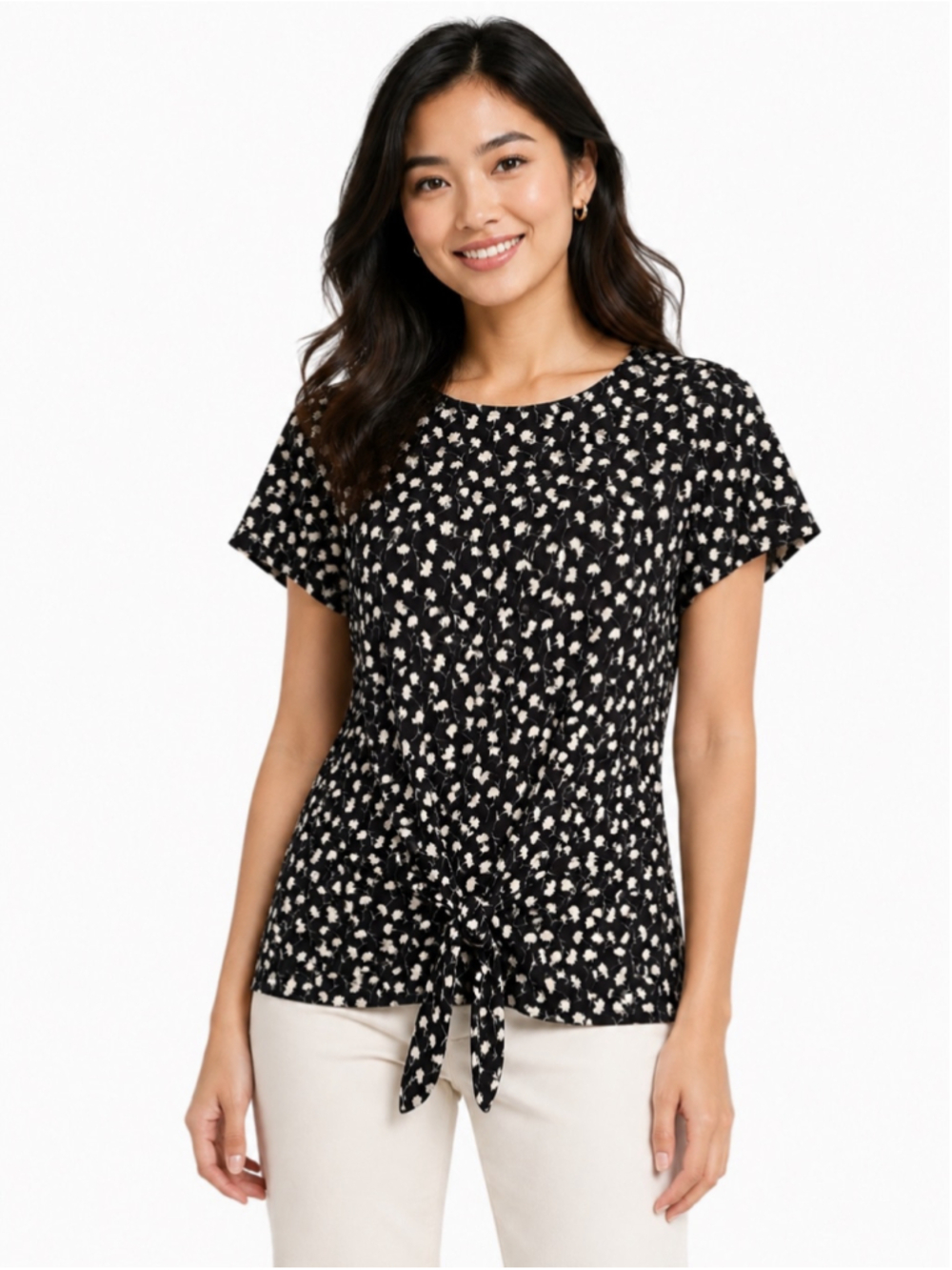 Talbots Black & White Floral Tie-Front Blouse, Size S